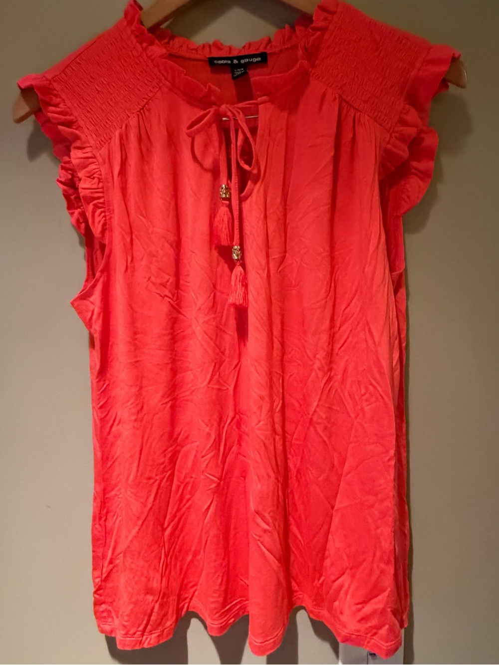 Cable & Gauge Coral Tassel Tie-Front Ruffle Sleeve Top L NWOT